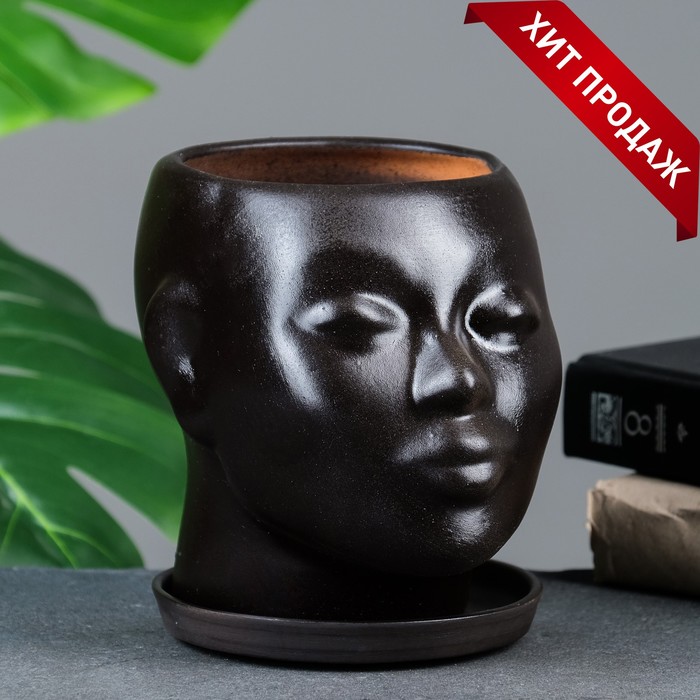 Декоративный горшок «Голова» коричневый, 1.3 л, 16×14×15 см - Фото 1