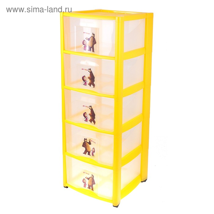 Комод для игрушек "Маша и Медведь" на колесиках, 5 выдвижных ящиков с аппликацией, цвет желтый - Фото 1