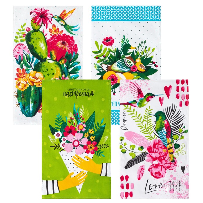 Набор полотенец кухонный «Доляна. Цветочного настроения», 35×60 см-4 шт., 100% хлопок - Фото 1