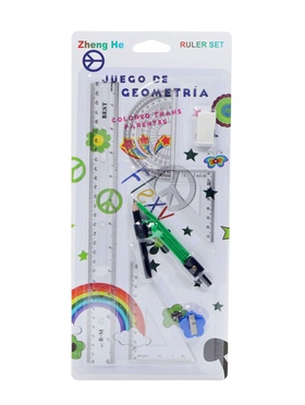 Набор геометрический: линейка 30 см, 2 угольника, транспортир, точилка, ластик, циркуль 675555