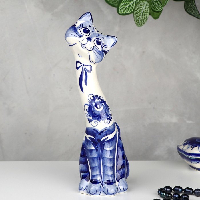 Сувенир гжель «Кошка Кегля», бело-синий,керамика, - Фото 1
