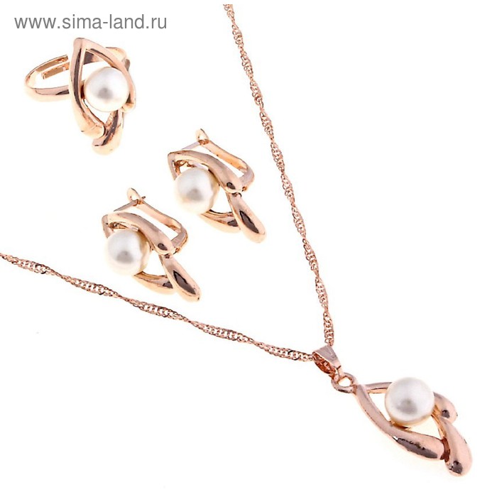 Гарнитур 3 предмета: серьги, кулон, кольцо безразмерное «Эдель» с жемчугом овал вытянутый - Фото 1