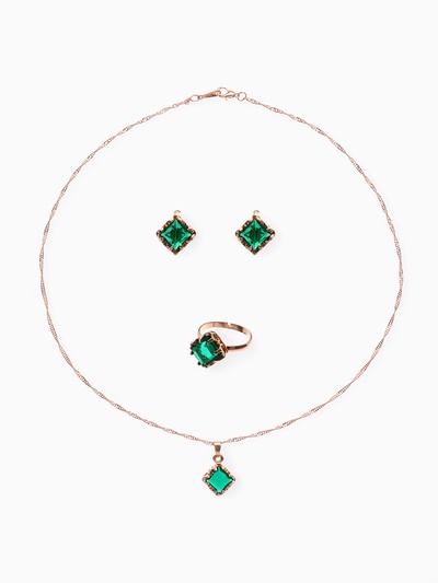 Гарнитур 3 предмета: серьги, кулон, кольцо безразмерное «Эдель» ромб, цвет зелёный в золоте, 45 см
