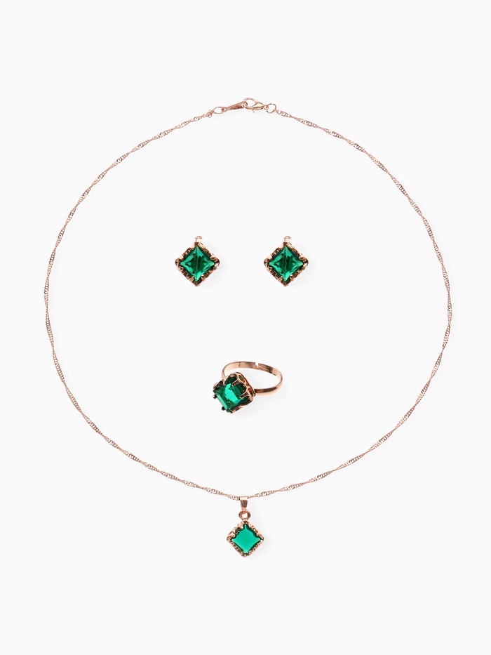 Гарнитур 3 предмета: серьги, кулон, кольцо безразмерное «Эдель» ромб, цвет зелёный в золоте, 45 см - Фото 1