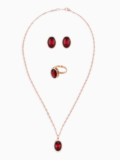 Гарнитур 3 предмета: серьги, кулон, кольцо безразмерное «Эдель» овал вытянутый, цвет красный в золоте, 45 см