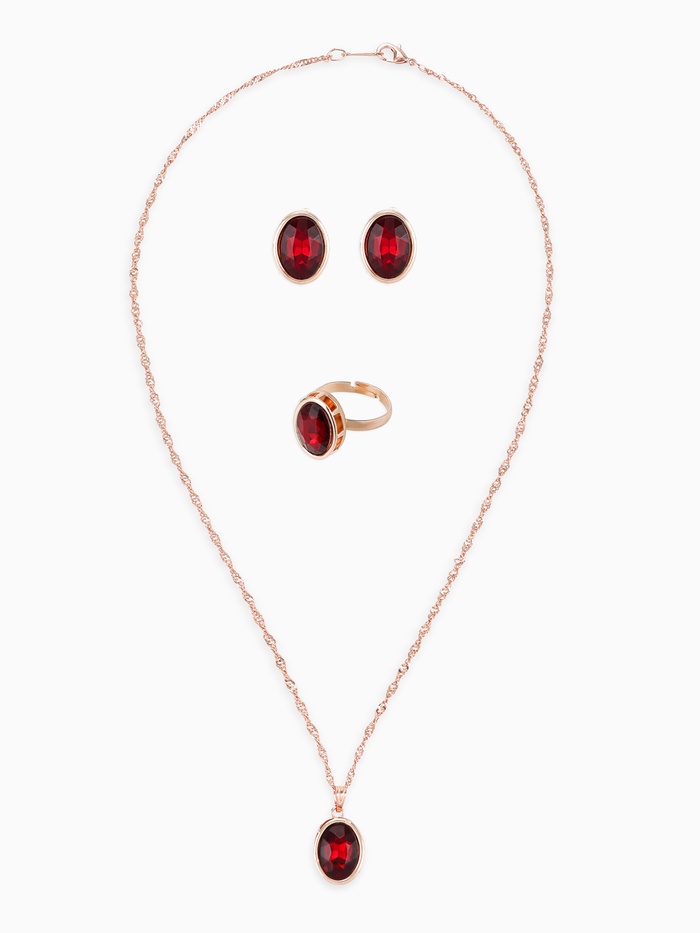 Гарнитур 3 предмета: серьги, кулон, кольцо безразмерное «Эдель» овал вытянутый, цвет красный в золоте, 45 см - Фото 1