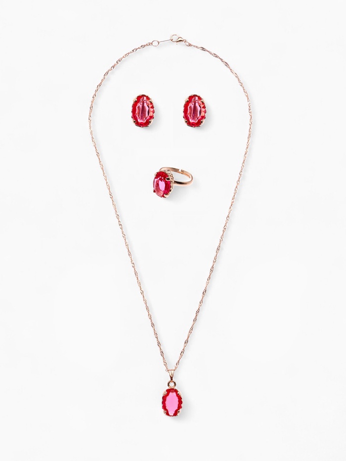 Гарнитур 3 предмета: серьги, кулон, кольцо безразмерное «Эдель» овал крупный, цвет розовый в золоте, 45 см - Фото 1