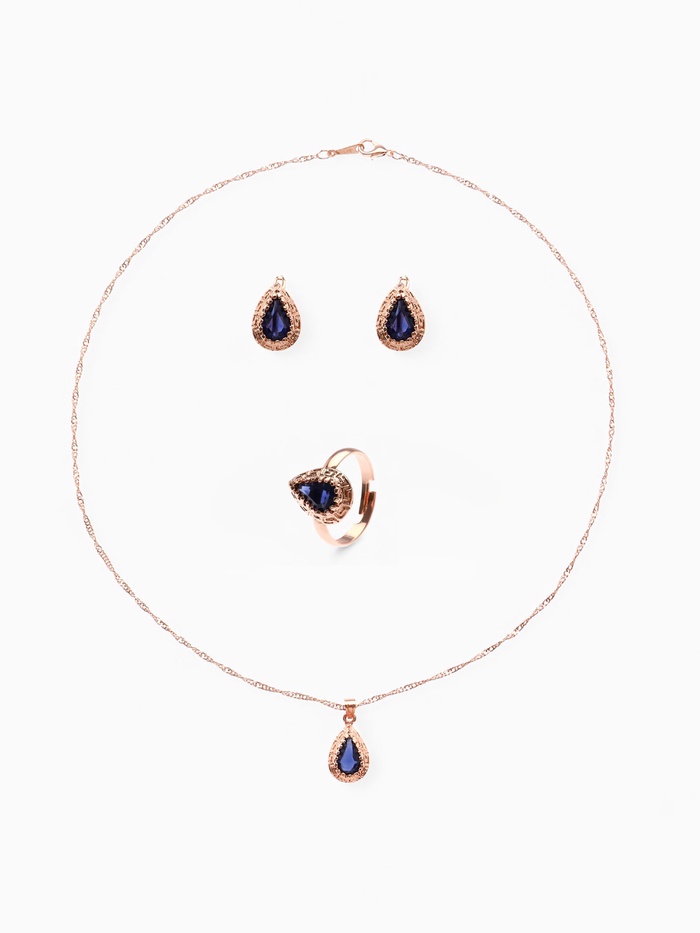 Гарнитур 3 предмета: серьги, кулон, кольцо безразмерное «Эдель» капля, тёмно-синие в золоте, 45 см - Фото 1
