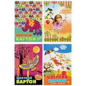 Картон цветной А4, 16 листов, 8 цветов «Мультики», 200 г/м², мелованный, 5 видов МИКС