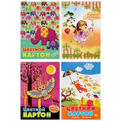 Картон цветной А4, 16 листов, 8 цветов «Мультики», 200 г/м², мелованный, 5 видов МИКС