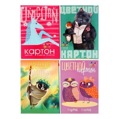 Картон цветной А4, 8 листов, 8 цветов «Мультики», 200 г/м², мелованный, МИКС