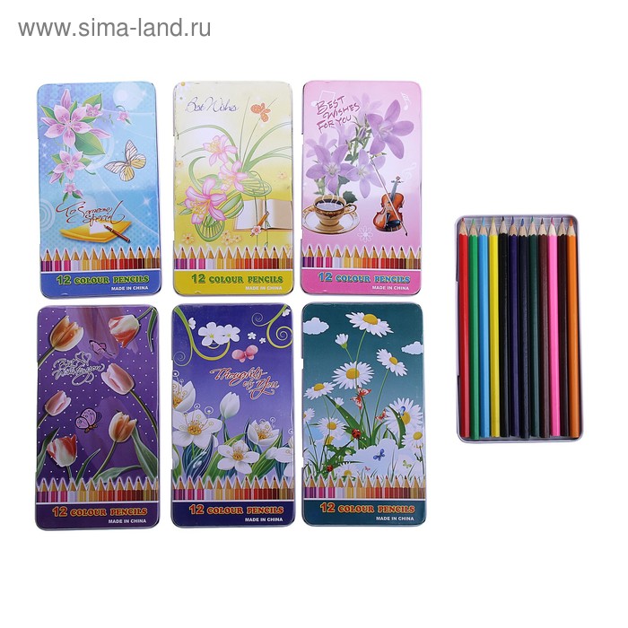 Карандаши 12 цветов в металлическом пенале Цветы МИКС - Фото 1