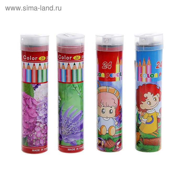 Карандаши 24 цвета в пласт тубусе с точилкой Ассорти МИКС - Фото 1