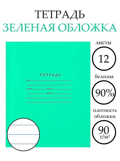 Тетрадь 12 листов в линейку «Зелёная обложка», плотность 65 г/м²