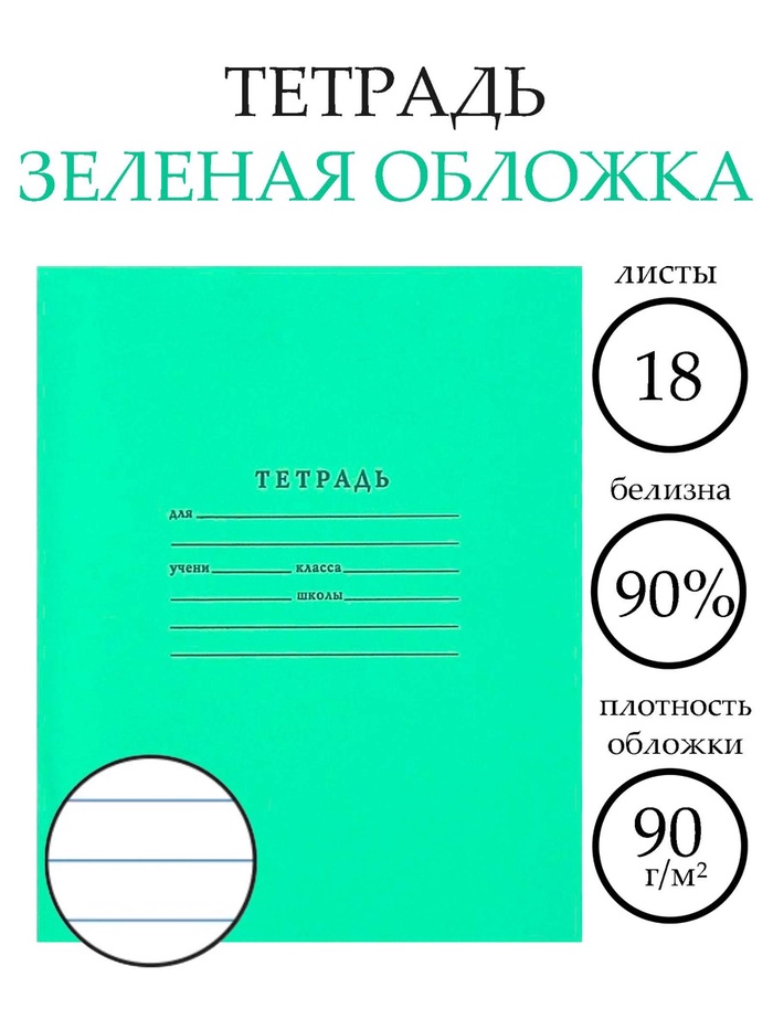 Тетрадь 18 листов в линейку «Зелёная обложка», плотность 65 г/м²