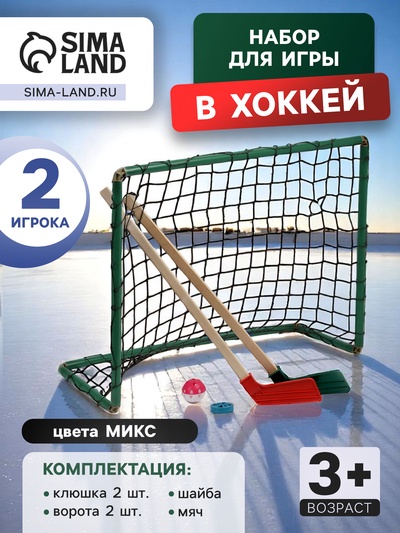 Набор для игры в хоккей (клюшка 2 шт., ворота 2 шт., шайба, мяч), цвет МИКС