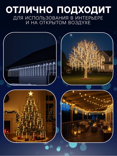 Гирлянда «Сосульки» 2.5×0.3 м, IP65, прозрачная нить, 192 LED, свечение синее с эффектом стекания, 12 В