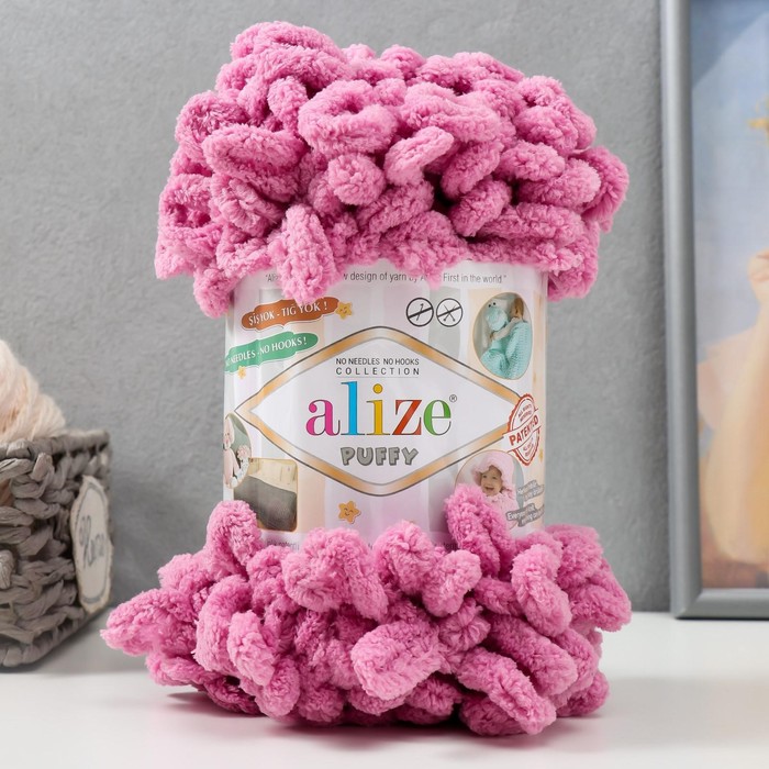 Плюшевая пряжа для вязания руками ALIZE, Puffy, 100% микрополиэстер, 9 м/100 г, (98 т. розовый) - Фото 1