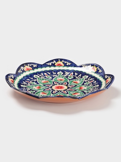 Ляган узбекский Риштанская Керамика «Цветы», d=32 см, синий, рифлённый