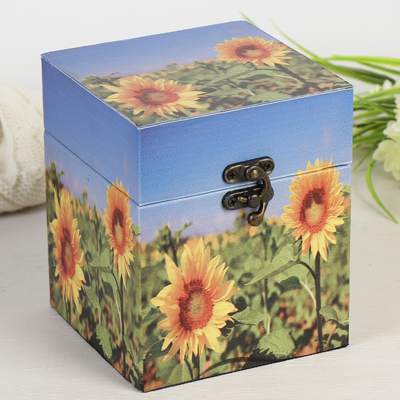 Шкатулка квадрат "Подсолнуховое поле" 12х12х14 см