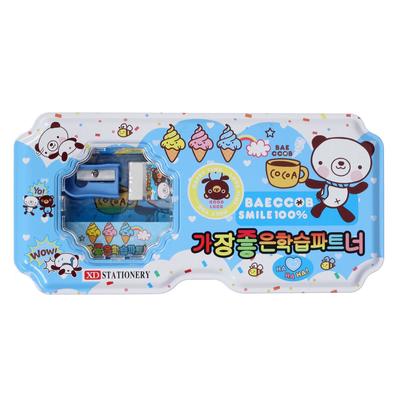 Пенал школьный металл «Мишки» (линейка, точилка, ластик, 2 карандаша), голубой