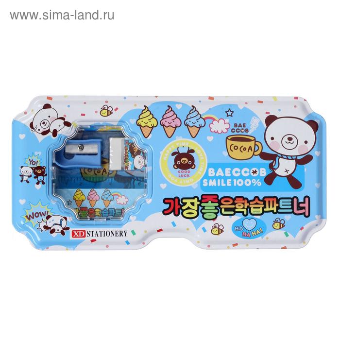 Пенал школьный металл «Мишки» (линейка, точилка, ластик, 2 карандаша), голубой - Фото 1