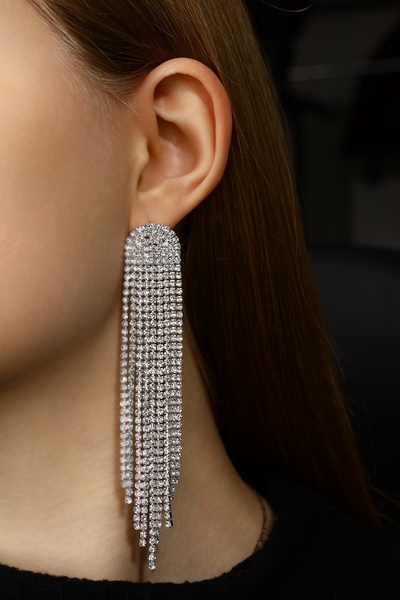 Серьги висячие со стразами «Лёд» полукруг, белые в серебре