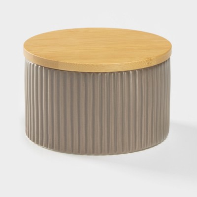 Банка для сыпучих «Дымка», 570 мл, 12×7.5 см, с бамбуковой крышкой, керамика, бежевая