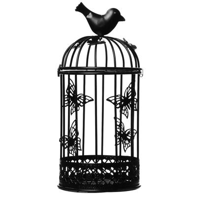 Металлический подсвечник-фонарь 1 свеча «Птица и клетка с бабочками», чёрный, 21.5×10×10 см