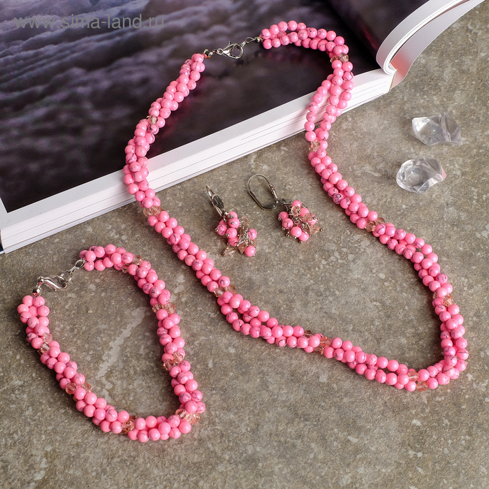 Набор 3 предмета: серьги, бусы, браслет, жгут с хрусталём "Агат розовый", 50 см - Фото 1