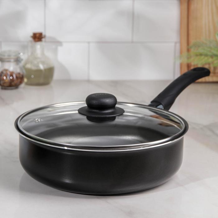 Сотейник Consul, 2.8 л, d=24 см, стеклянная крышка, пластиковая ручка, антипригарное покрытие, алюминий, чёрная - Фото 1