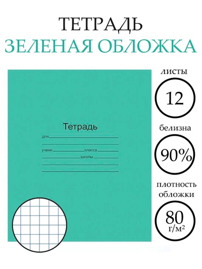 Тетрадь 12 листов в клетку «Зелёная обложка», плотность 60 г/м²