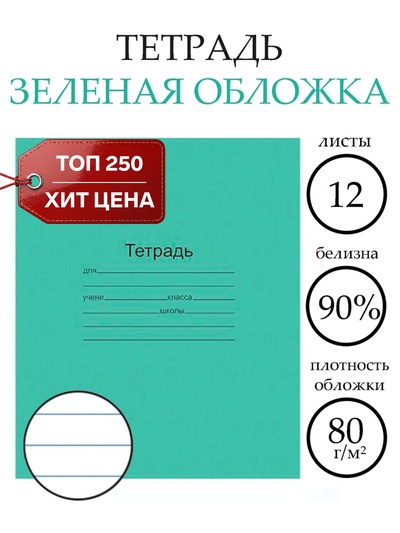 Тетрадь 12 листов в линейку «Зелёная обложка», плотность 60 г/м²