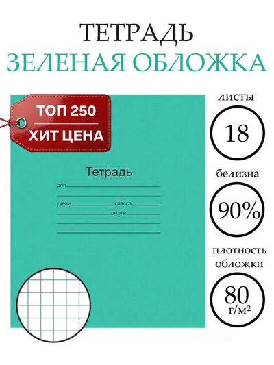 Тетрадь 18 листов в клетку «Зелёная обложка», плотность 60 г/м²