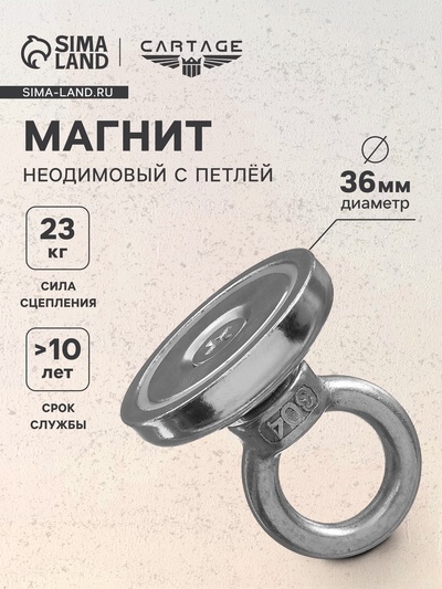 Магнит неодимовый Cartage с петлёй для авто, d=36 мм, сцепление 23 кг