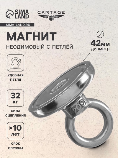 Магнит неодимовый Cartage с петлёй для авто, d=42 мм, сцепление 32 кг