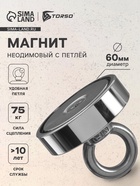 Магнит неодимовый с петлей для авто, d=60 мм, сцепление 75 кг - Фото 1