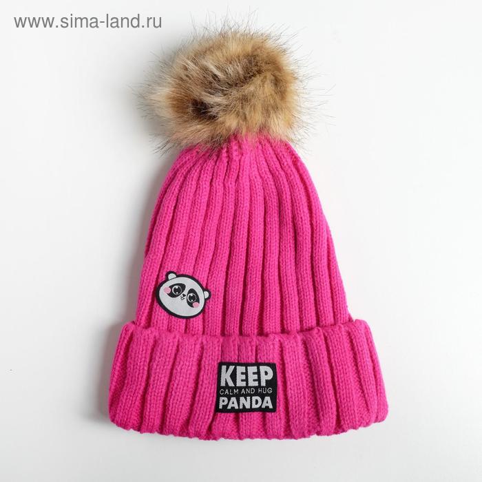 Женская шапка с помпоном "Keep calm and hug panda" - Фото 1