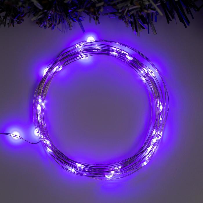 Гирлянда «Нить» 5 м роса, IP20, серебристая нить, 50 LED, свечение фиолетовое, 2 режима, AAх3 - фото 295069528