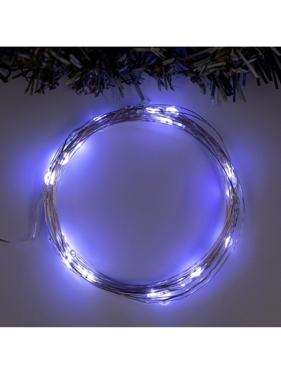 Гирлянда «Нить» 5 м, роса, IP20, серебристая нить, 50 LED, мерцание всех светодиодов, от батареек АА×3, свечение белое