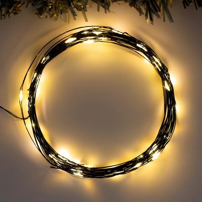 Гирлянда «Нить» 5 м роса, IP20, зелёная нить, 50 LED, 2 режима, от батареек AAх3, свечение тёплое белое