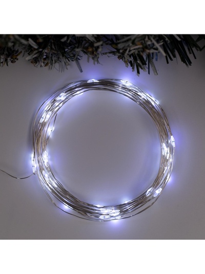Гирлянда «Нить» 5 м роса, IP65, серебристая нить, 50 LED, 8 режимов, батарейки AAх3 (нет в комплекте), свечение белое
