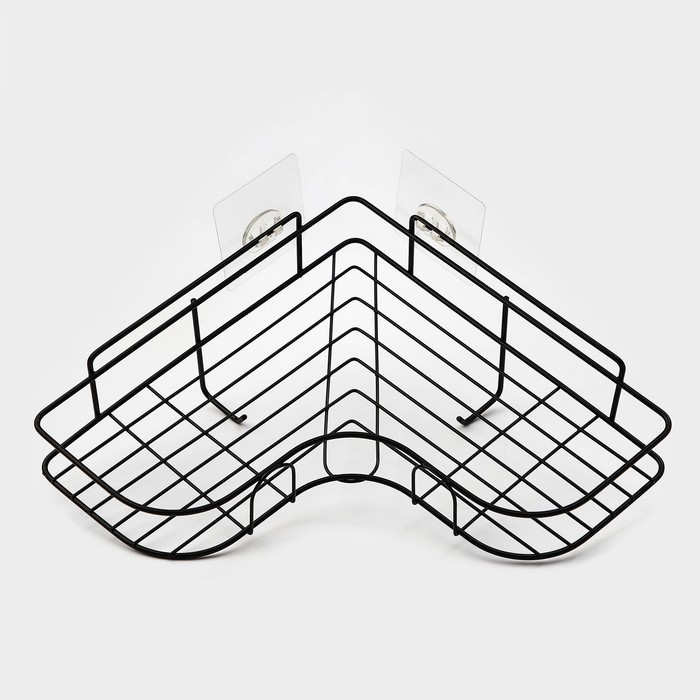 Полка для ванной Доляна, угловая, 2 крючка, 26×26×10 см, чёрная - Фото 1