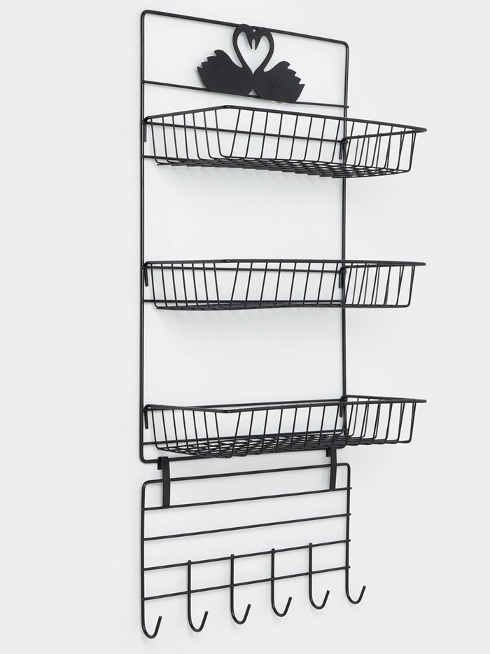 Полка 3-х ярусная, 6 крючков, 47×30×14 см, чёрная - Фото 1