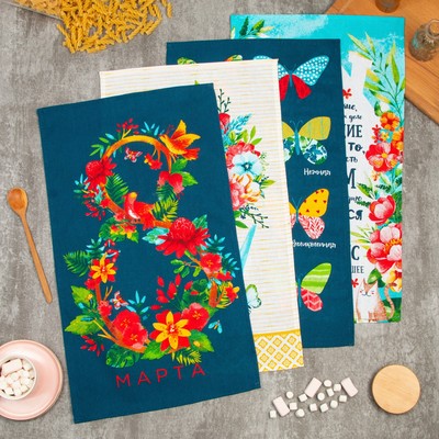 Набор кухонных полотенец Доляна «8 Марта», 35×60 см-4 шт., 100% хл