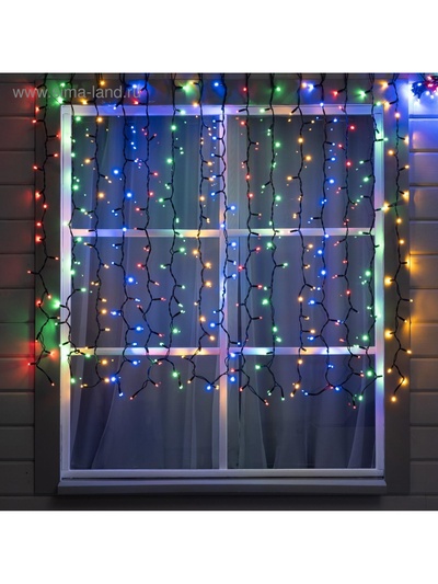 Гирлянда «Занавес» 2×1.5 м, IP65, УМС, тёмная нить каучук, 300 LED, свечение мульти, 220 В