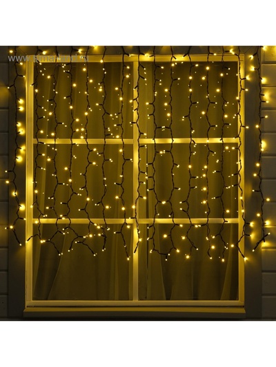 Гирлянда «Занавес» 2×1.5 м, IP65, УМС, тёмная нить каучук, 300 LED, свечение тёплое белое, 220 В