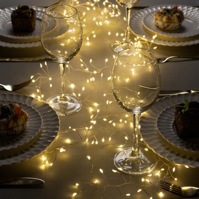 Гирлянда «Мишура» 2 м роса, IP20, серебристая нить, 200 LED, свечение тёплое белое, 12 В