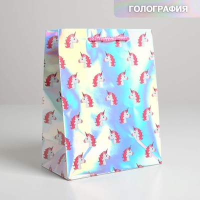 Пакет подарочный голографический, упаковка, «Единорожки», 23 х 27 х 11.5 см