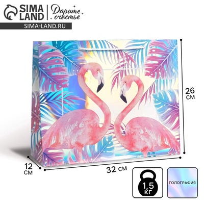 Пакет подарочный голографический, упаковка, «Фламинго», 32×26×12 см